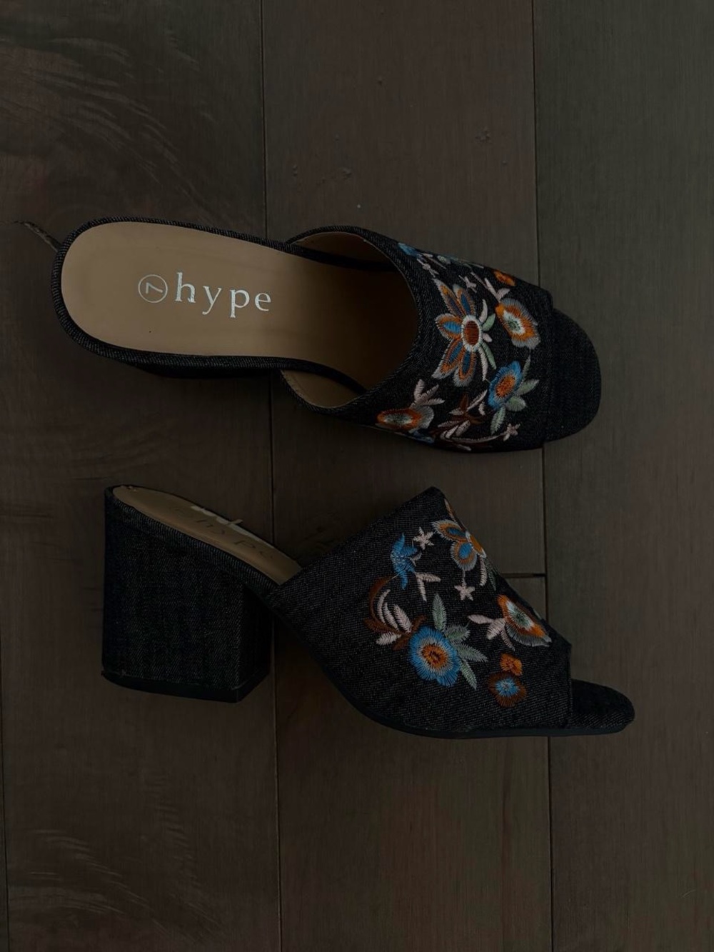 Hype Black Embroidered Floral Block Heel Mules